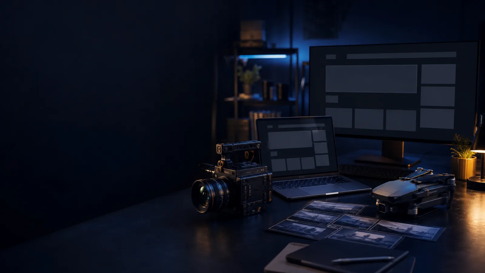A dark Nexus studio workspace with responsive website screens, cinema camera and drone